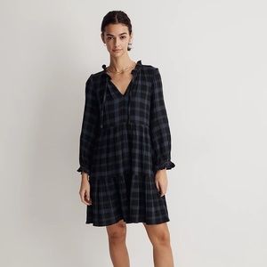 Tie-Neck Tiered Mini Dress in Plaid